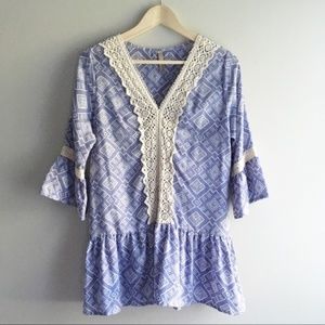Entro Blue Ruffle Hem Crochet Lace Tunic